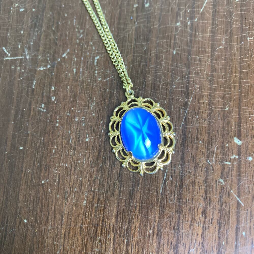 Vintage Germany Genuine Blue star glass cabochon gold filigree‎ pendant necklace - Picture 2 of 8